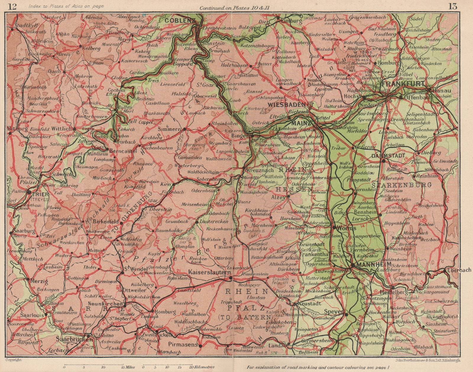 RHINE VALLEY. Coblenz Frankfurt Wiesbaden Mannheim Worms Darmstadt 1933 map